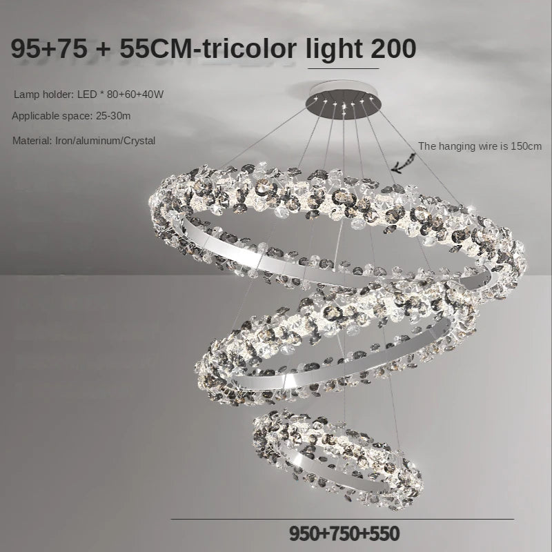 Radiating crystal petal detail on the chandelier chrome ring