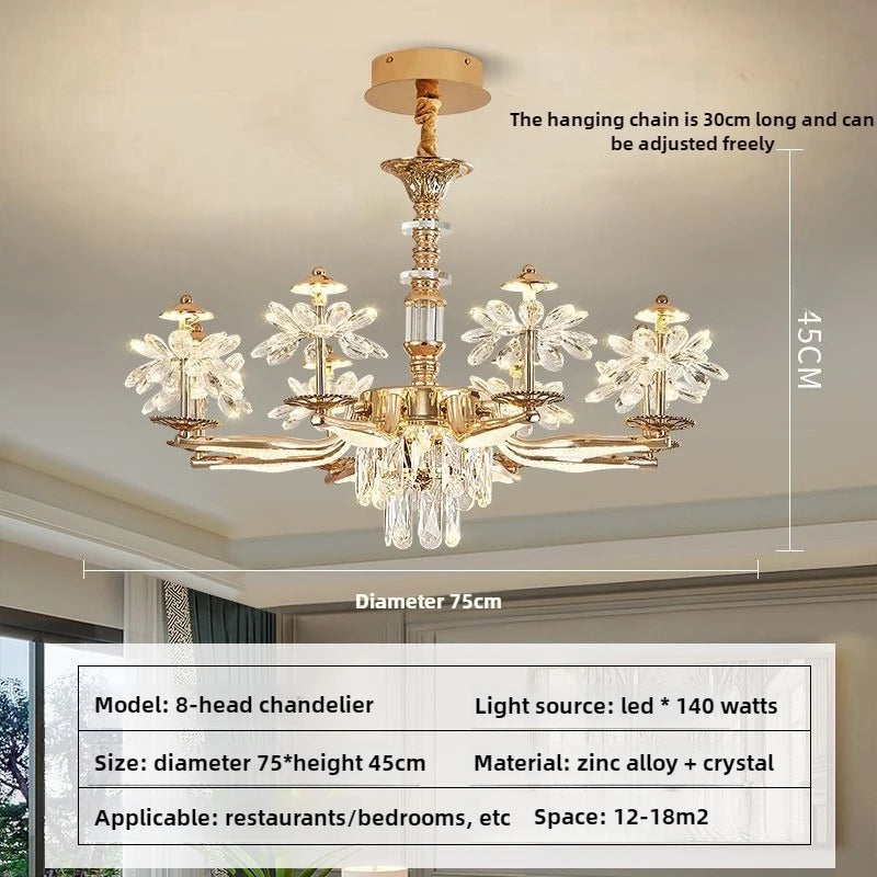 Crystal petals opening from a central gold zinc alloy chandelier stem