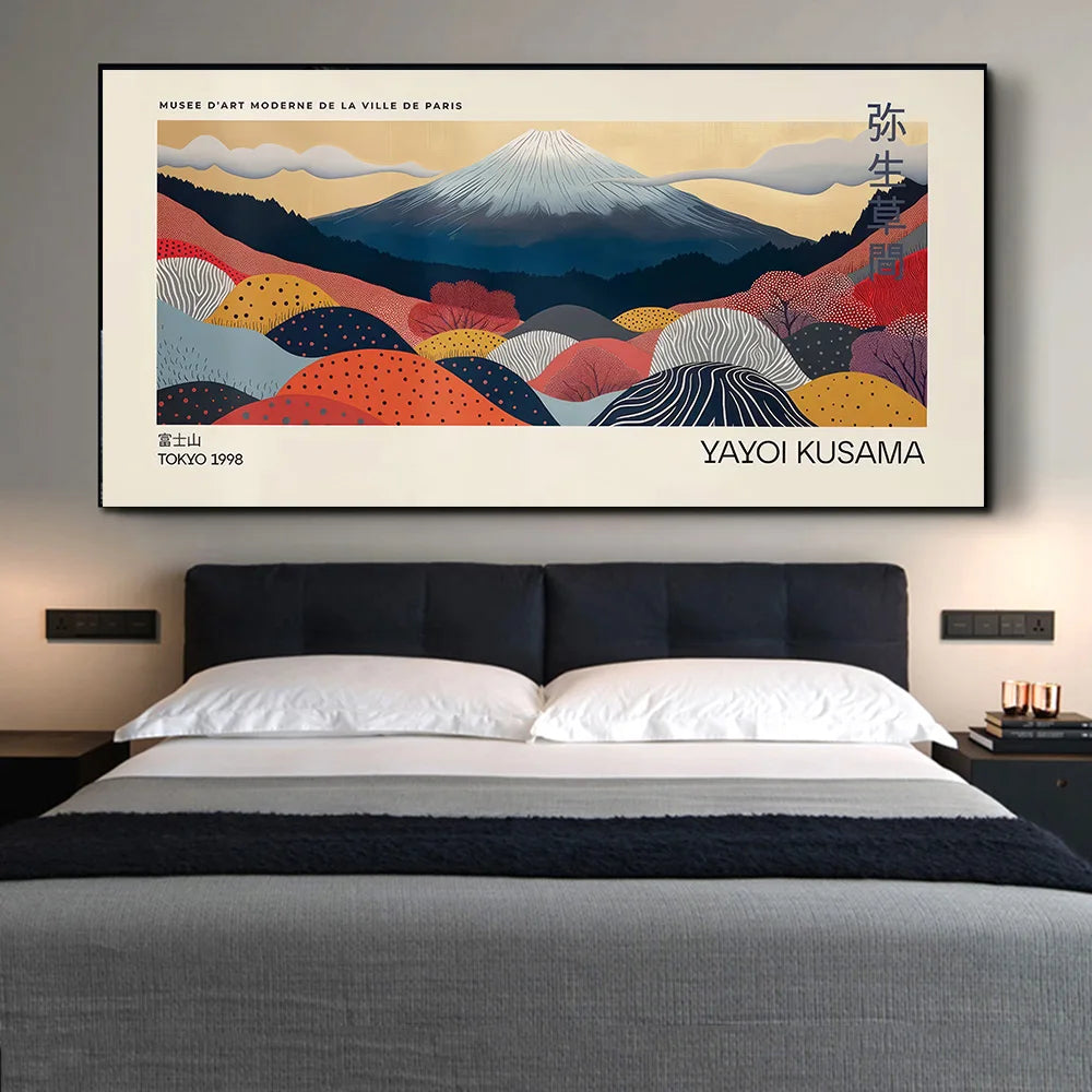 Yayoi Kusama inspired polka dot canvas wall art — displayed in bedroom setting