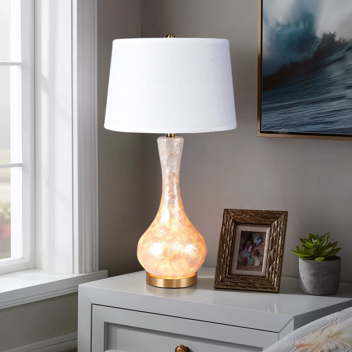 Luxury table lamp warm light mode on living room console