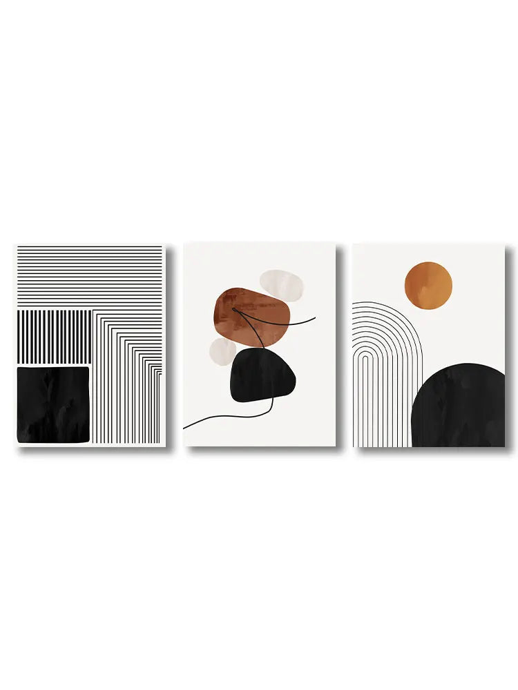 Black White Geometry Line Art 3-Piece Canvas Wall Art Set