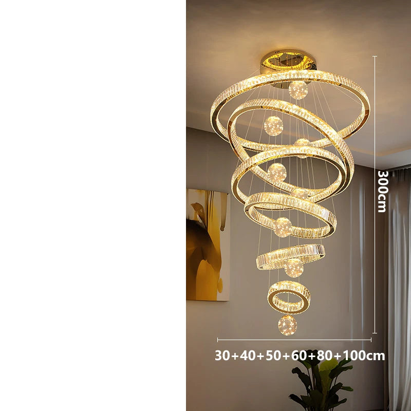 Six ring crystal cascade chandelier with eight glass balls on steel