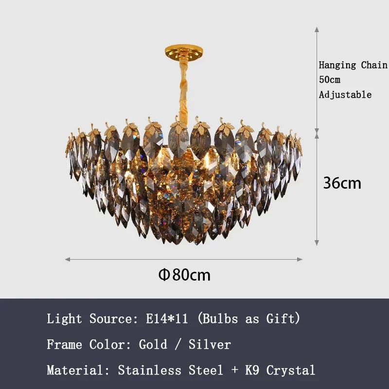 Crystal leaf chandelier shown in natural white light with a gold frame