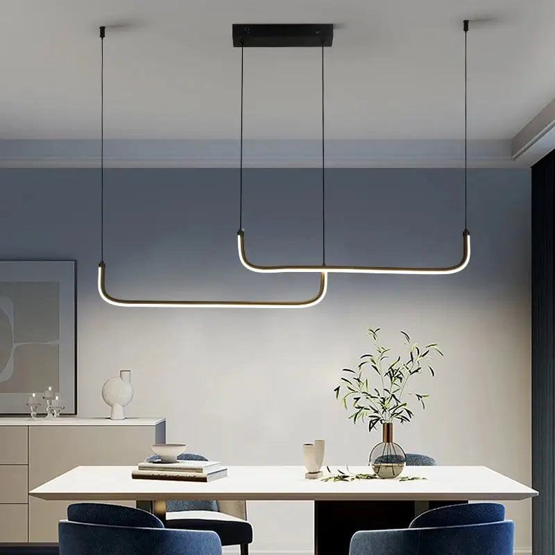 Black aluminium linear chandelier forming a 90 centimetre line of light