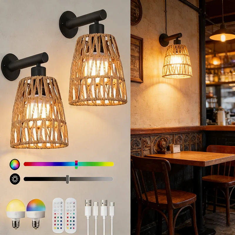 black rattan plug-in wall sconce, front view on white background