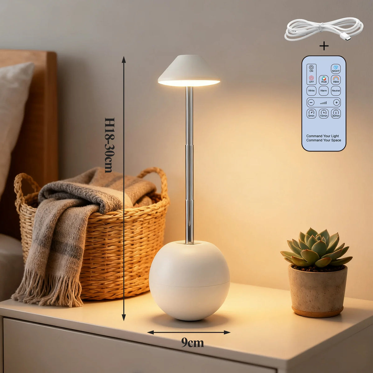 Remote decorative table lamp switched on atmospheric glow in dark room