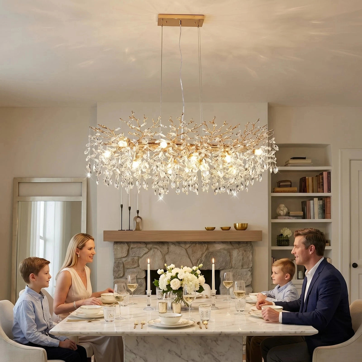 Tree shaped crystal chandelier in gold with adjustable steel suspension cables