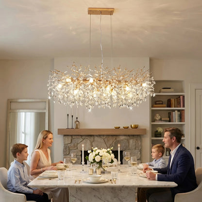 Tree shaped crystal chandelier in gold with adjustable steel suspension cables