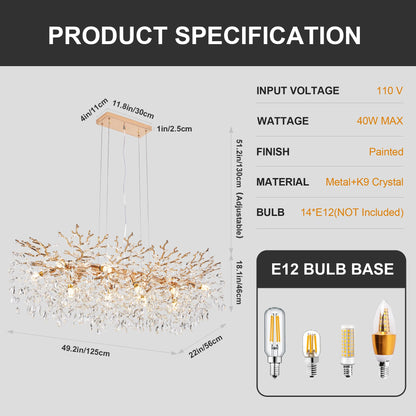 Gold crystal chandelier for flat or sloped ceilings, 110V operation