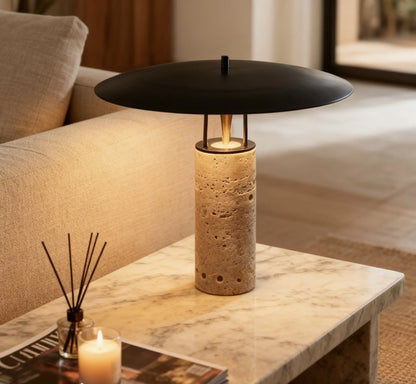 Postmodern designer lamp side profile showing stone base silhouette