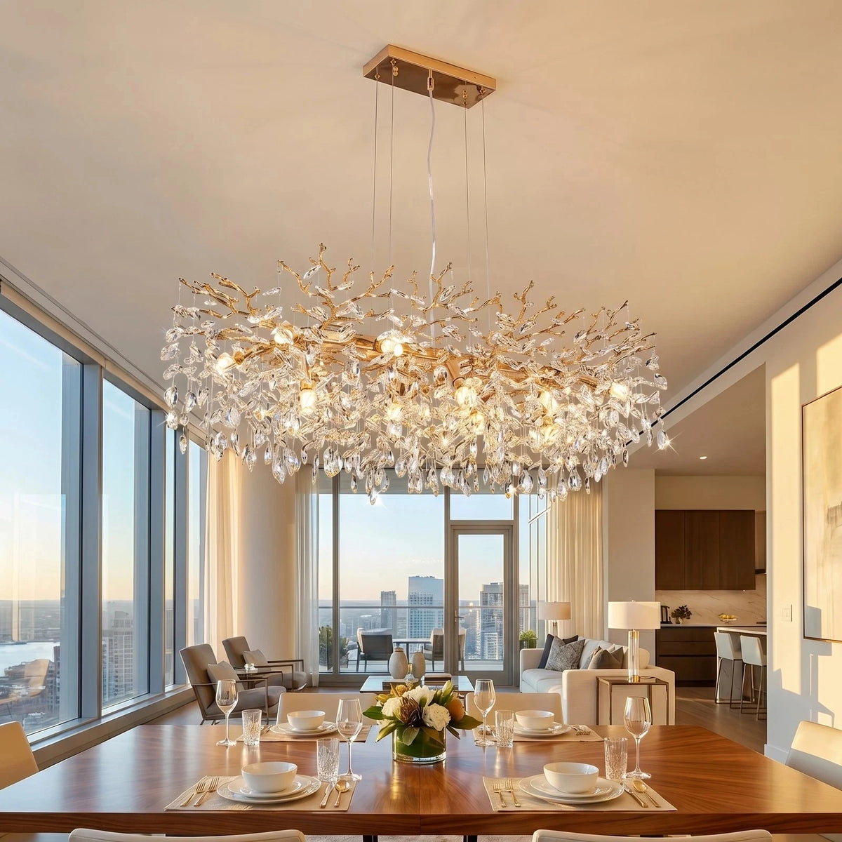 Gold tree crystal chandelier with K9 crystal on spreading aluminum branches