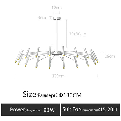 Nordic rod chandelier in gold with warm light G9 LED light sources