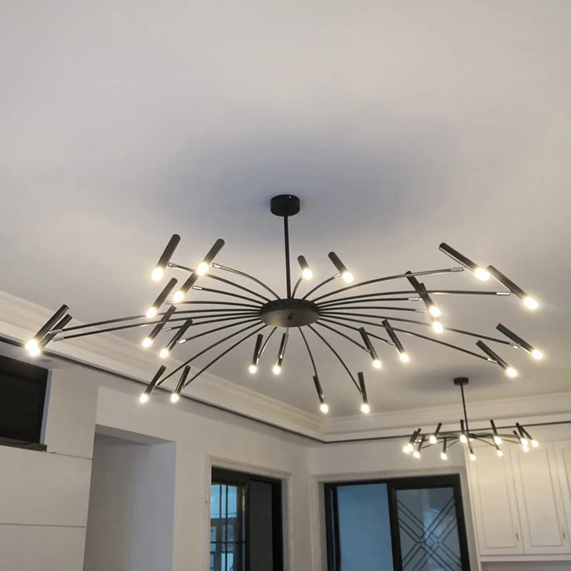 Painted metal rod detail on a Nordic designer chandelier in white finish