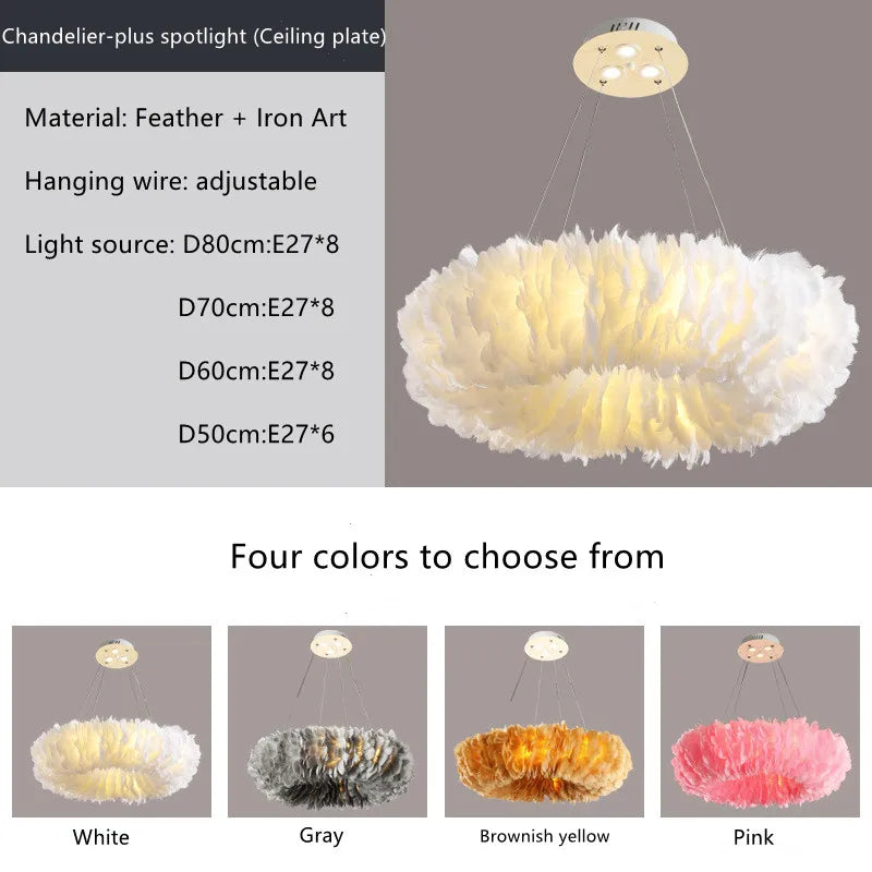 Dimmable feather chandelier shown lit in warm three color light