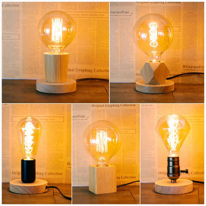 Style B retro wood table lamp angled view showing shade attachment