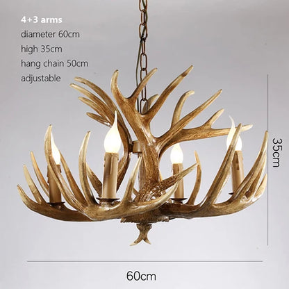 Fifteen light antler chandelier with a polished wood finished frame