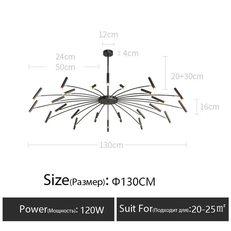 Nordic designer rod chandelier in black with white light LED sources