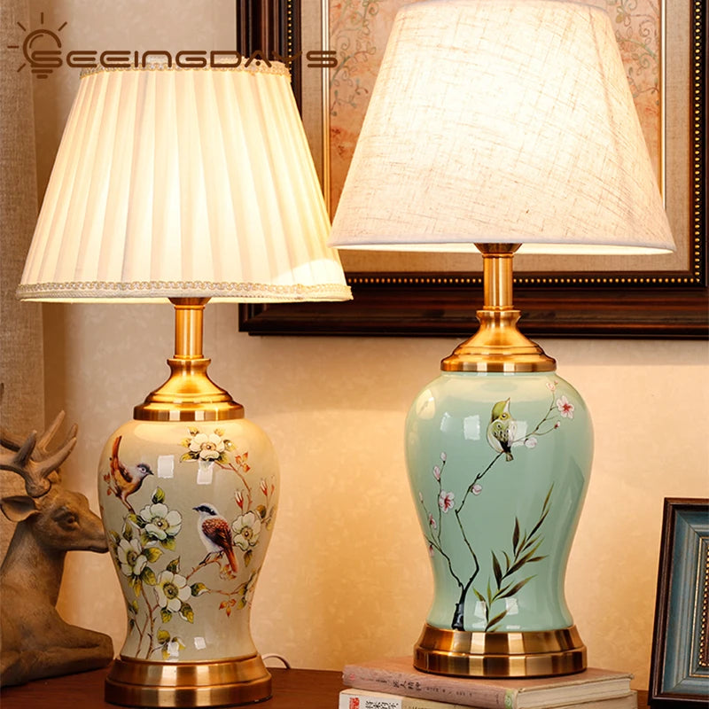 Chinese ceramic table lamp pattern 1 warm white living room view