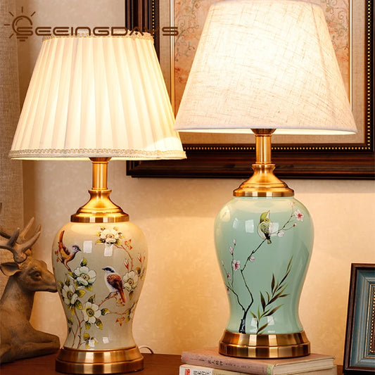 Chinese ceramic table lamp pattern 1 warm white living room view