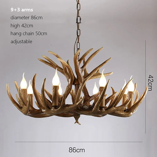 Loft style antler chandelier with branching wood arms and glass