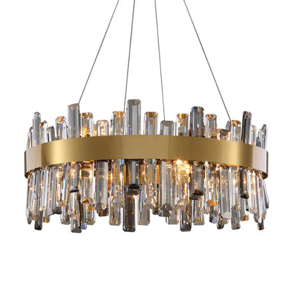 Oval crystal chandelier, 59.1 inches long, on a polished gold steel frame