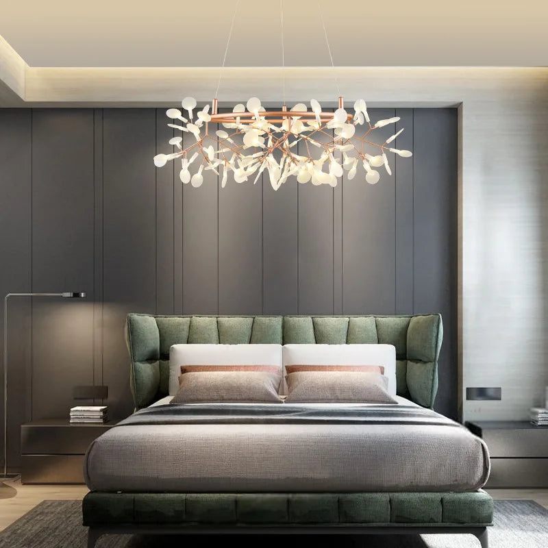 Champagne gold branch chandelier shown in warm white light, 90 to 260V