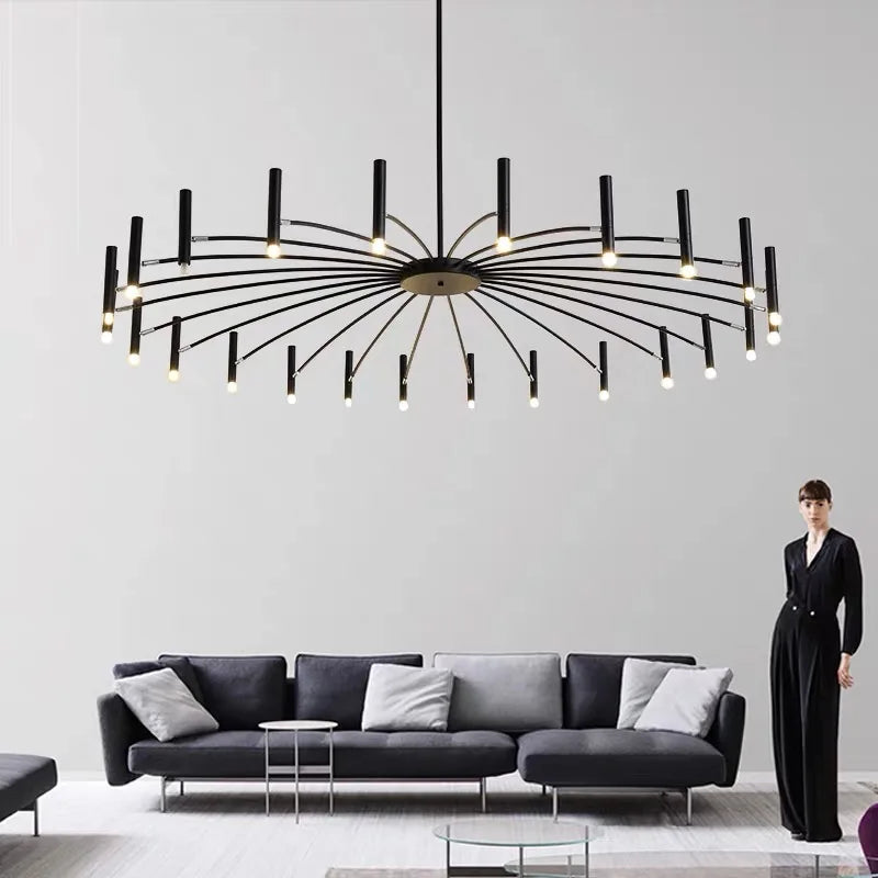 Nordic rod cluster chandelier with slim painted rods on a rigid pipe mount
