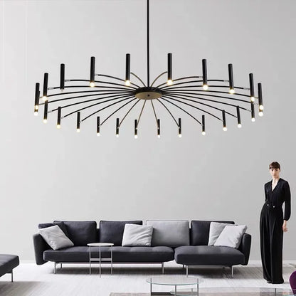 Nordic rod cluster chandelier with slim painted rods on a rigid pipe mount