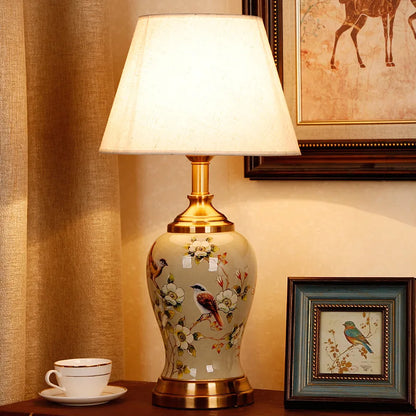 Classic ceramic table lamp switched off showing hand-painted form