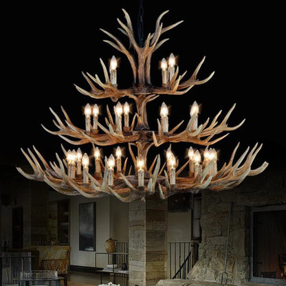 Wood antler chandelier shown in warm light, 90 to 260V operation