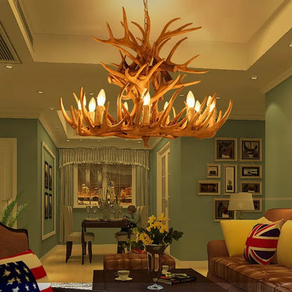 Four light antler chandelier with seven arms in a natural wood tone