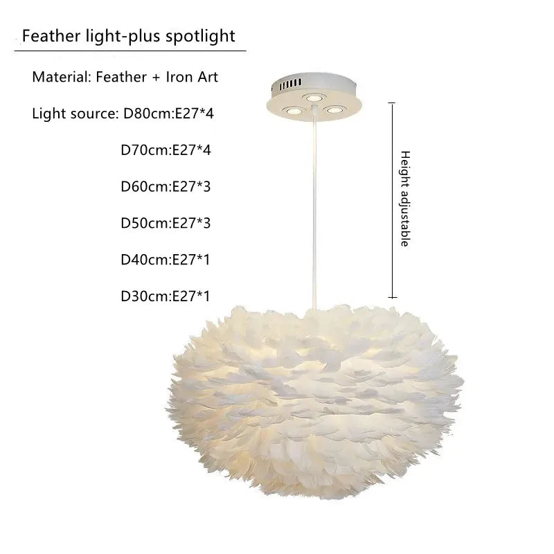 Feather chandelier version with a central spotlight and remote