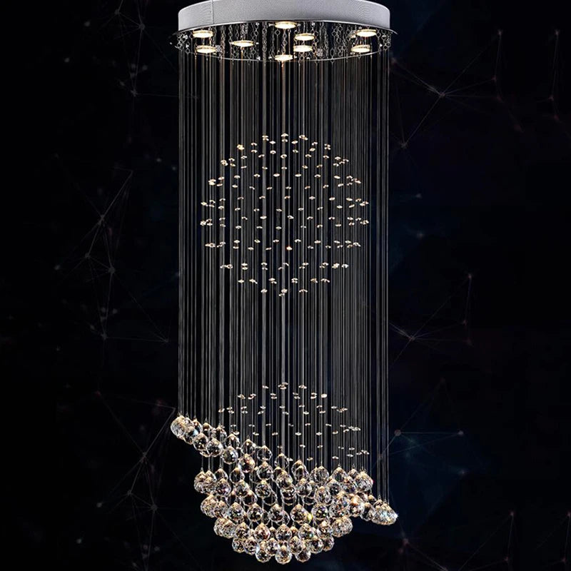 Crystal column chandelier, 31.5 inches wide by 86.6 inch drop, chrome