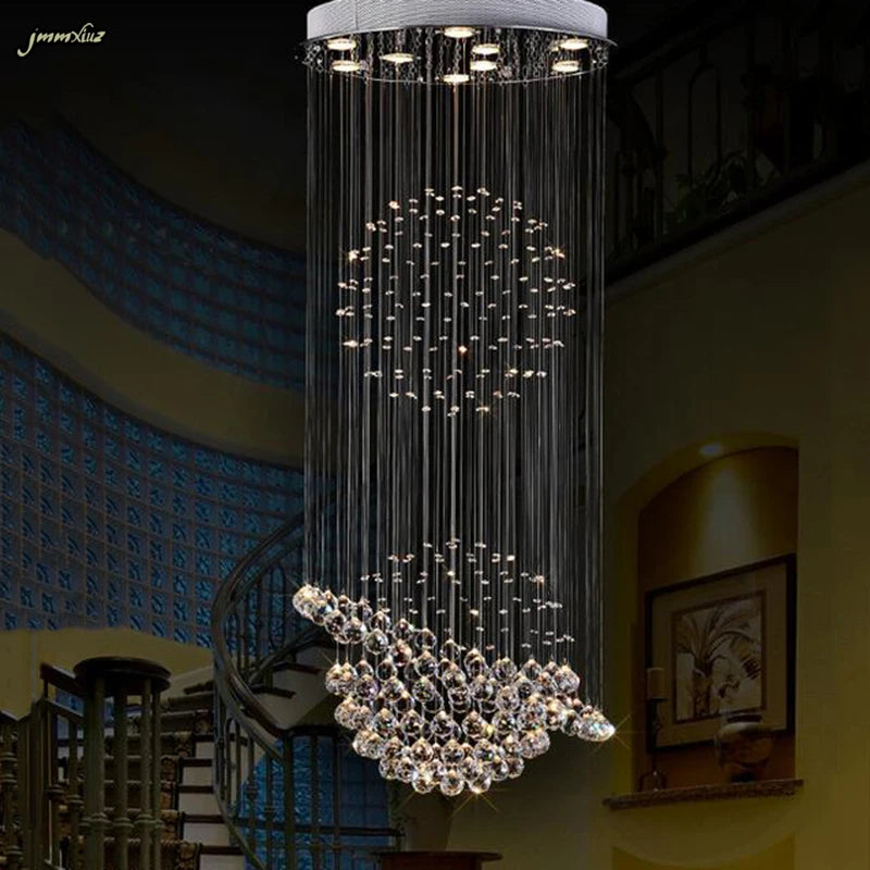 Crystal detail on a polished chrome column chandelier with GU10 bulbs