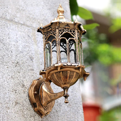 outdoor wall sconce, front view on white background