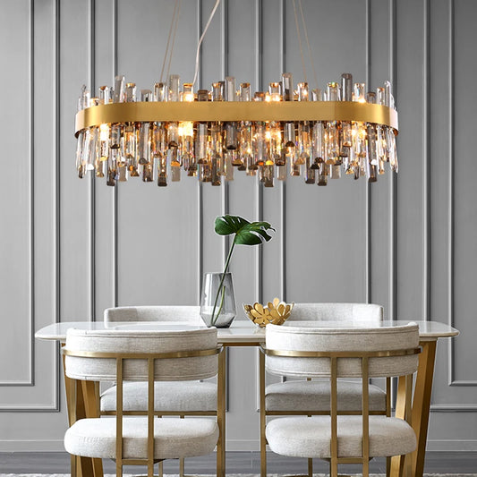 Postmodern crystal chandelier in a polished round frame with clear crystal