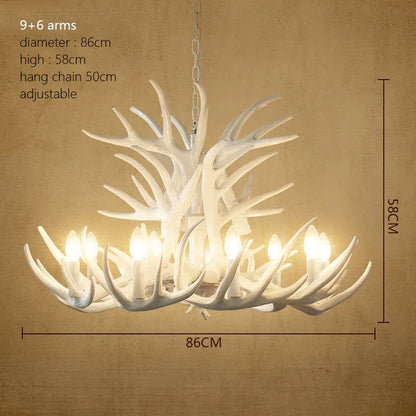 Twelve light antler chandelier in wood tone for a restaurant ceiling