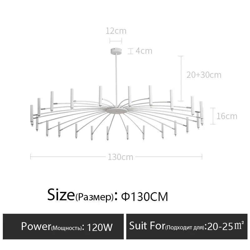 Rod cluster chandelier seen from below with painted metal arms in black