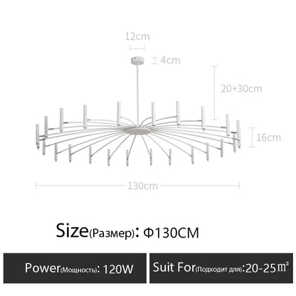 Rod cluster chandelier seen from below with painted metal arms in black