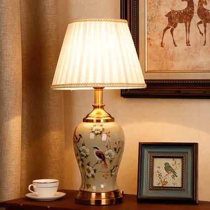 Classic ceramic lamp warm light mode casting on bedroom wall