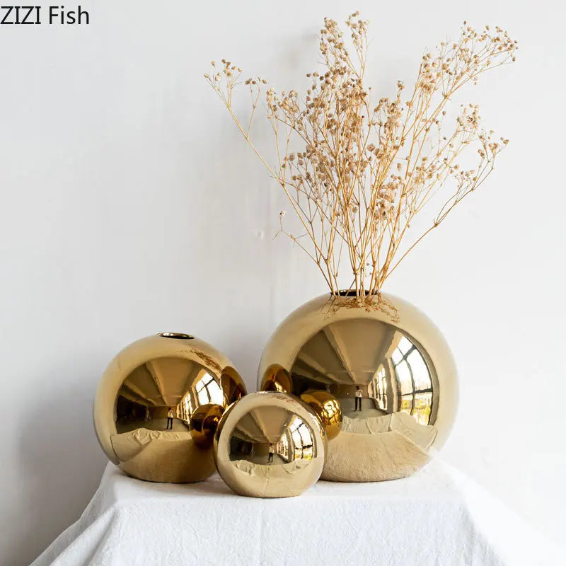 Gold plated ball ceramic vase large size on shelf display