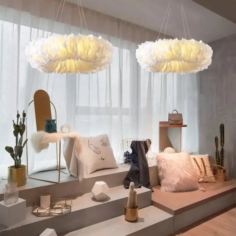 White natural feather chandelier with a hand knitted feather shade
