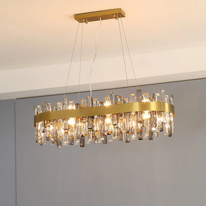 Oval crystal chandelier, 47.2 inches long, with E14 LED bulbs included