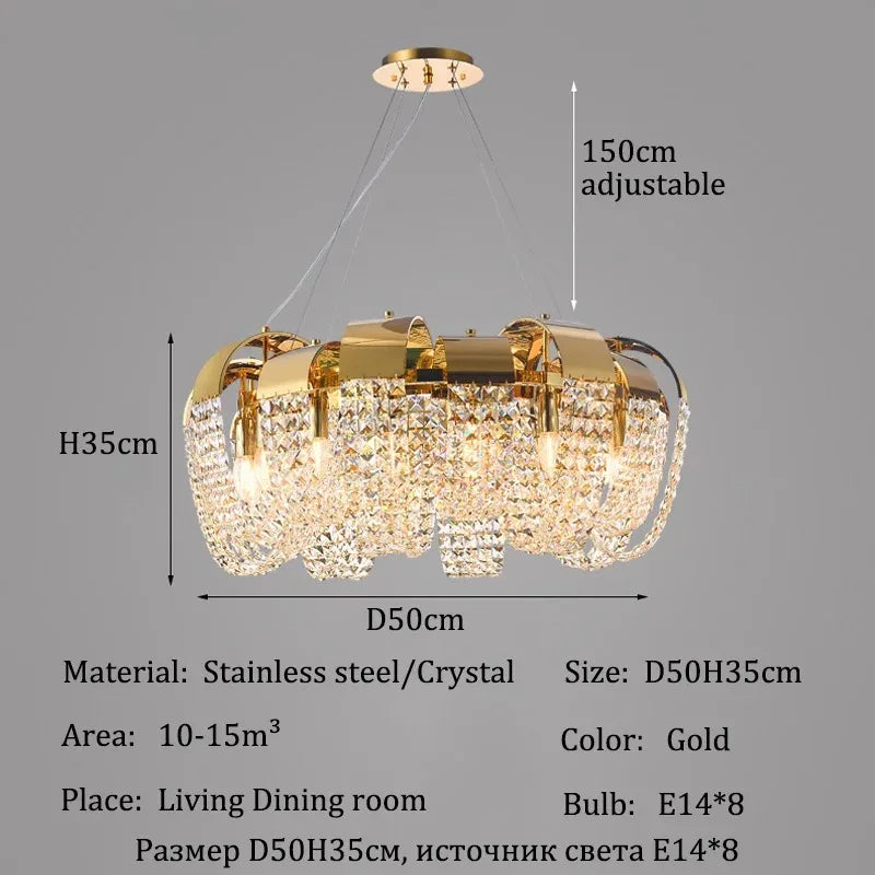 Pipe erected crystal chandelier with an adjustable drop height