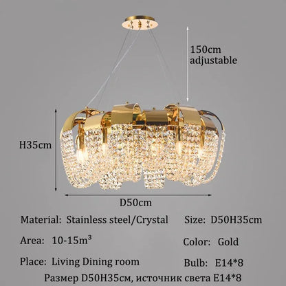 Pipe erected crystal chandelier with an adjustable drop height