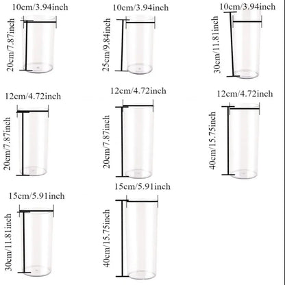 Five sizes of shatterproof clear acrylic cylinder vases displayed in size comparison