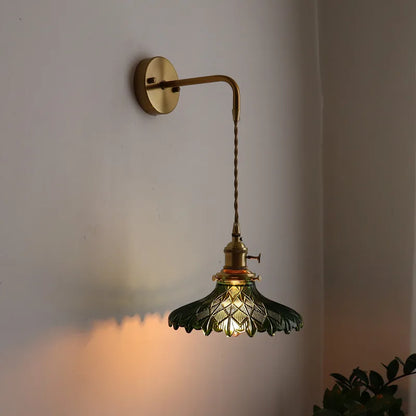 green copper wall sconce, close-up of shade and hardware detail