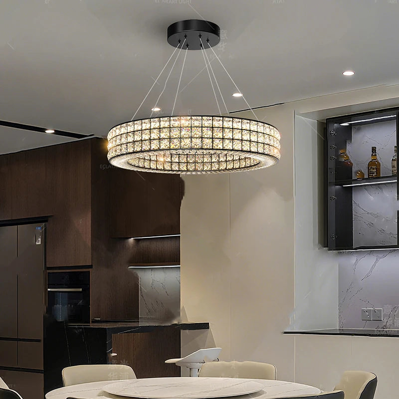 Gold crystal ring chandelier with a 59.1 in adjustable cord drop