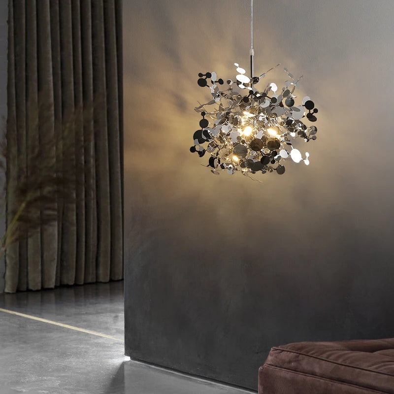 Chrome chandelier with four heads in a round cluster arrangement
