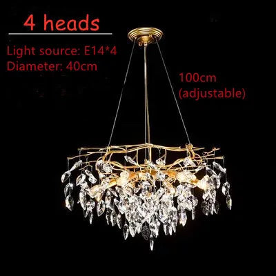 Luxury crystal chandelier lit in white light on a gold iron frame